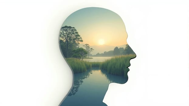 A serene silhouette filled with a vibrant landscape showcases rolling hills, tall trees, and a calm stream, illuminated by the warm glow of a setting sun, embodying harmony with nature.