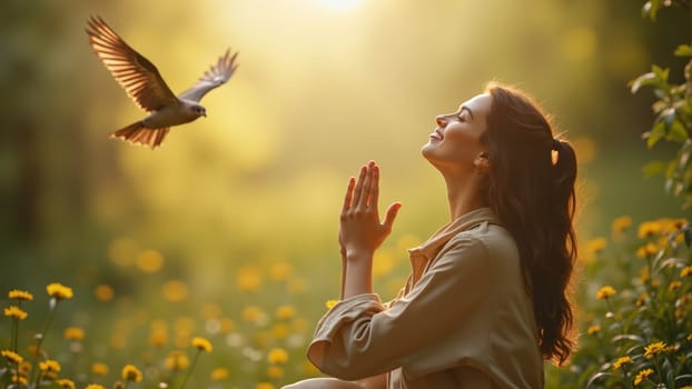 In a sun-kissed meadow filled with vibrant flowers, a woman peacefully sits, hands clasped in prayer, while a graceful bird soars above, embodying tranquility and harmony with nature.