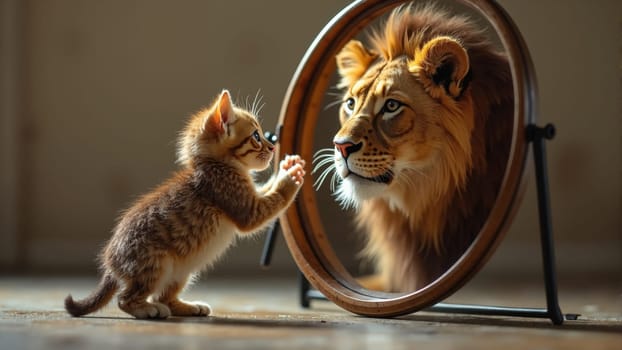 A curious little kitten faces a mirror, where it sees a regal lion looking back. This enchanting encounter highlights the contrast between youthfulness and strength, sparking imagination.
