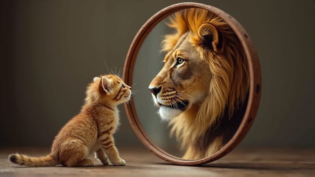 A curious little kitten faces a mirror, where it sees a regal lion looking back. This enchanting encounter highlights the contrast between youthfulness and strength, sparking imagination.
