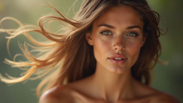 Golden sunlight highlights the flowing hair of a woman, whose striking features and mesmerizing eyes draw attention. The soft focus creates an enchanting ambiance, evoking warmth and serenity.