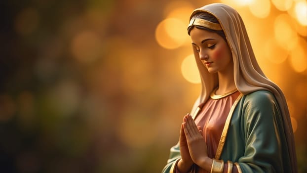 Bathed in golden autumn light, a figure with a serene expression prays quietly, embodying peace and spirituality amidst a blurred natural background, capturing a moment of reflection and devotion.