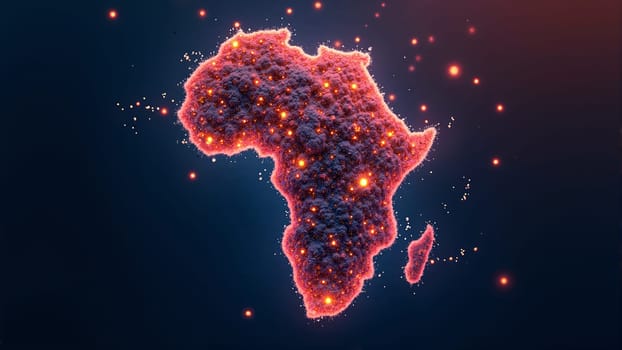A magical display highlights the continent of Africa, with shimmering dots of light portraying its geographical outline against a deep, dark background, creating an enchanting visual effect.