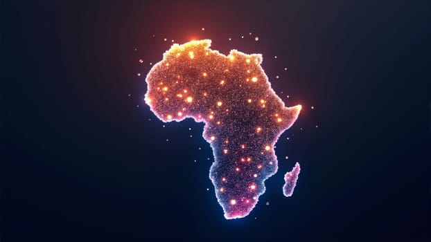 A magical display highlights the continent of Africa, with shimmering dots of light portraying its geographical outline against a deep, dark background, creating an enchanting visual effect.