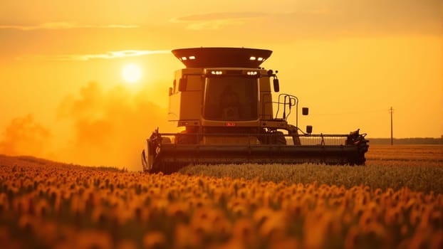 A combine harvester works diligently at sunset, silhouetted against a golden sky, as it harvests ripe wheat in a sprawling field, creating a picturesque moment of rural life.