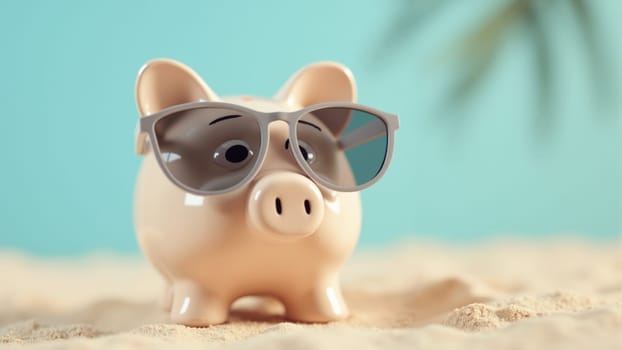 A cheerful piggy bank adorned with stylish sunglasses rests on the sandy beach, basking in the warm sunlight. Its bright, playful design adds charm to the relaxing coastal atmosphere.