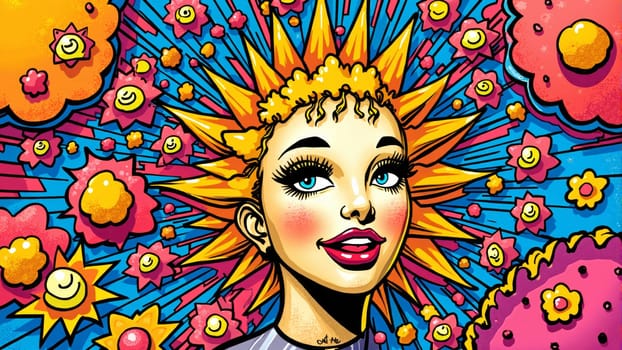 A joyful girl gazes brightly, her hair radiating like sunlight amidst a fantastic burst of colorful suns and playful clouds, creating a dynamic and uplifting atmosphere filled with positivity.
