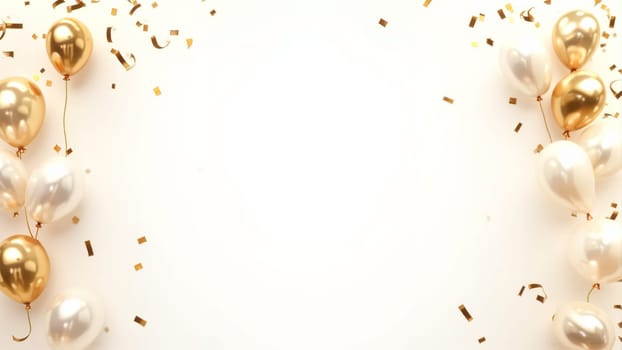 A vibrant arrangement of glossy golden balloons surround a white backdrop sprinkled with shimmering confetti, perfect for marking joyous celebrations and memorable events.