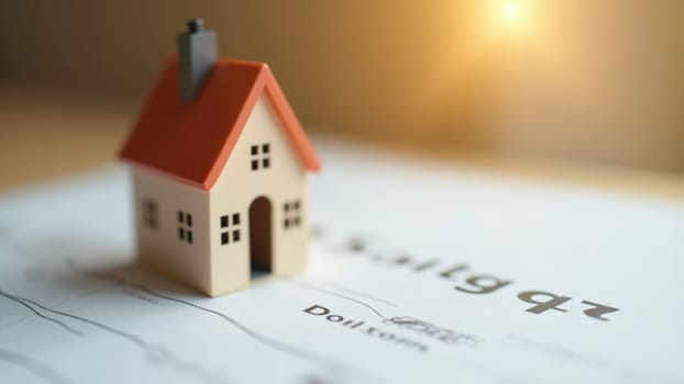 A delightful representation of a small house with a red roof rests on important documents, illuminated by soft sunlight. The warmth of the light enhances the cozy feeling of home and planning.