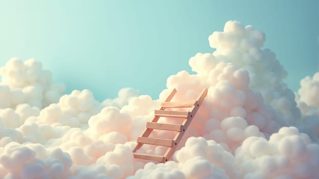 A charming wooden ladder reaches into a serene sky painted with soft pastel clouds. The delicate scene evokes a sense of wonder and invites daydreaming under the gentle morning light.