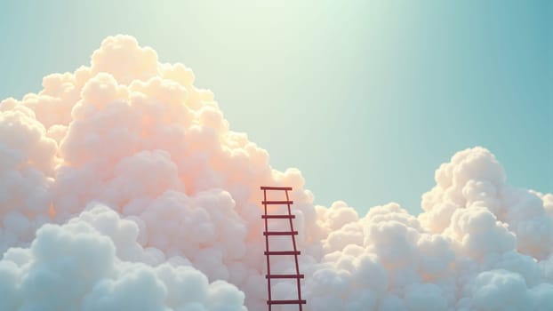 A charming wooden ladder reaches into a serene sky painted with soft pastel clouds. The delicate scene evokes a sense of wonder and invites daydreaming under the gentle morning light.