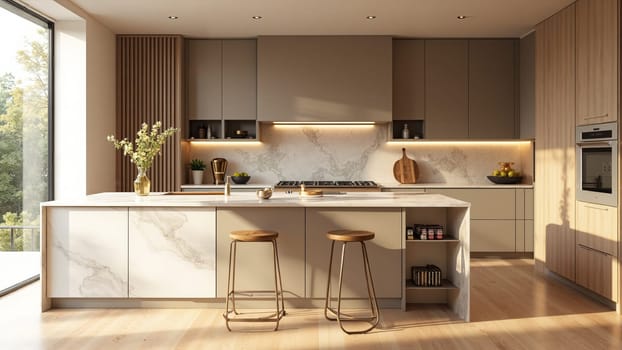The spacious kitchen features sleek marble countertops and warm wood cabinetry, illuminated by large windows that invite in the soft daylight. A stylish island adds functionality.