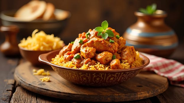 A vibrant plate of chicken curry rests on a wooden board, surrounded by aromatic rice, fresh herbs, and traditional side dishes, evoking warmth and cultural richness in every bite.