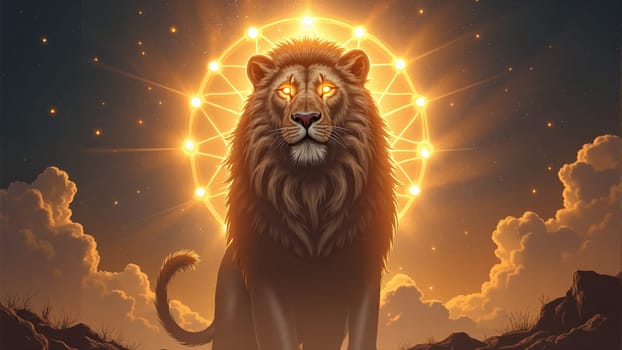 Beneath a starlit sky, a regal lion stands proudly, framed by glowing symbols and ethereal clouds. The golden mane radiates strength and wisdom, creating a sense of awe and wonder.