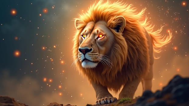 Beneath a starlit sky, a regal lion stands proudly, framed by glowing symbols and ethereal clouds. The golden mane radiates strength and wisdom, creating a sense of awe and wonder.