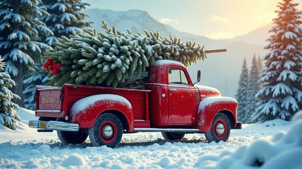 A charming red truck transporting a beautifully full Christmas tree rolls down a snow-covered road, surrounded by tall evergreen trees. The atmosphere radiates winter joy and holiday spirit.
