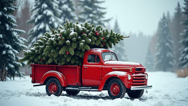 A charming red truck transporting a beautifully full Christmas tree rolls down a snow-covered road, surrounded by tall evergreen trees. The atmosphere radiates winter joy and holiday spirit.