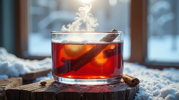 A steaming cup of spiced tea rests on a wooden slice, with cinnamon sticks adorning it. Snow gently blankets the ground, creating a warm, inviting atmosphere as sunlight peeks through.