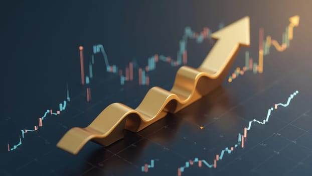 A striking golden arrow points upward through a bustling city backdrop, symbolizing economic growth with dynamic chart lines and glowing effects that evoke a sense of optimism and potential.