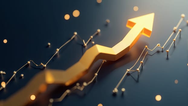 A striking golden arrow points upward through a bustling city backdrop, symbolizing economic growth with dynamic chart lines and glowing effects that evoke a sense of optimism and potential.