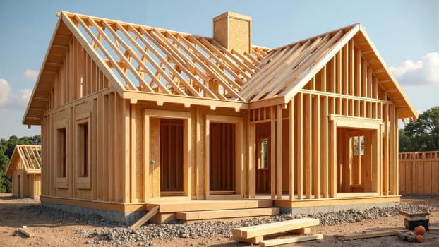 Construction workers are busy framing a new house in a serene suburban area, with the structure nearly complete under a cloudy sky. Tools and lumber are scattered around the site, signaling activity.