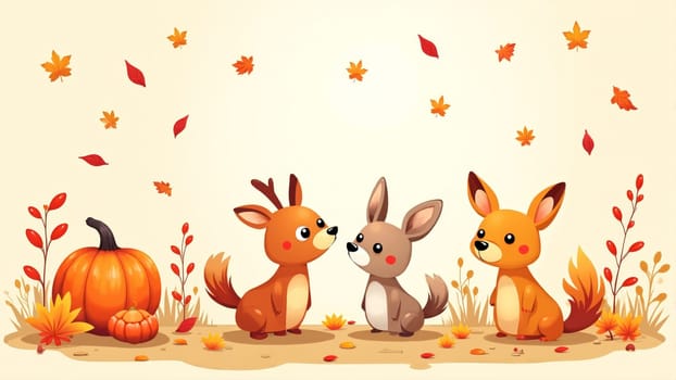 In a vibrant autumn setting, a cheerful group of woodland creatures enjoy their time together among falling leaves and pumpkins, embodying the warmth of the season.