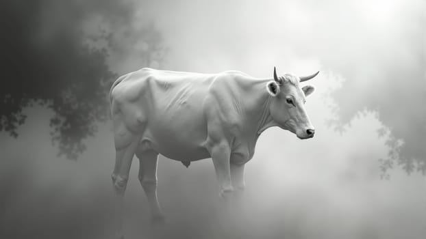 In the early morning light, a white cow stands alone, shrouded in a soft, ethereal fog that adds an air of mystery and tranquility to the landscape around it.