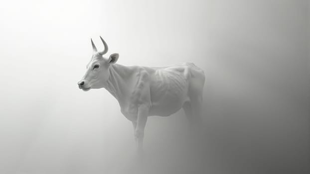 In the early morning light, a white cow stands alone, shrouded in a soft, ethereal fog that adds an air of mystery and tranquility to the landscape around it.