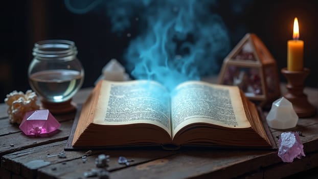An ancient book lies open on a rustic wooden table, surrounded by flickering candles. Ethereal wisps of light emerge from its pages, casting a magical aura in a dimly lit room filled with gemstones.