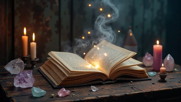 An ancient book lies open on a rustic wooden table, surrounded by flickering candles. Ethereal wisps of light emerge from its pages, casting a magical aura in a dimly lit room filled with gemstones.