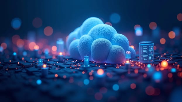 A vibrant cloud icon illuminated in blue sits at the center, surrounded by interconnected nodes and glowing servers, illustrating the intricate world of digital technology and data exchange.