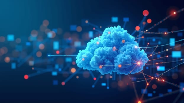 A vibrant cloud icon illuminated in blue sits at the center, surrounded by interconnected nodes and glowing servers, illustrating the intricate world of digital technology and data exchange.
