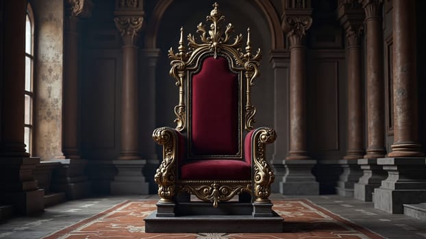 A regal throne adorned with golden details and plush red upholstery dominates a grand hall. Columns rise majestically in the backdrop, highlighting the opulence of the space.