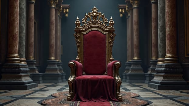 A regal throne adorned with golden details and plush red upholstery dominates a grand hall. Columns rise majestically in the backdrop, highlighting the opulence of the space.