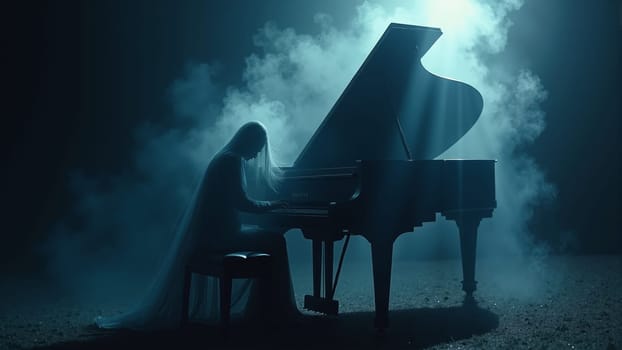 In a tranquil, fog-laden forest, a musician passionately plays a grand piano, illuminated by the soft glow of a full moon. The atmosphere is ethereal, evoking a sense of mystery and serenity.