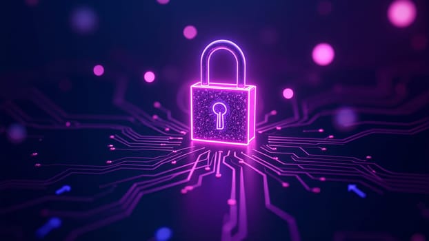 A vibrant digital lock glows against a backdrop of intricate circuitry, representing advanced cybersecurity. The scene is filled with colorful lights, creating a sense of energy and innovation.