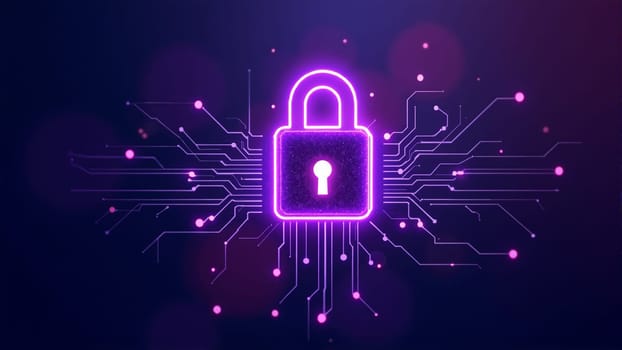 A vibrant digital lock glows against a backdrop of intricate circuitry, representing advanced cybersecurity. The scene is filled with colorful lights, creating a sense of energy and innovation.