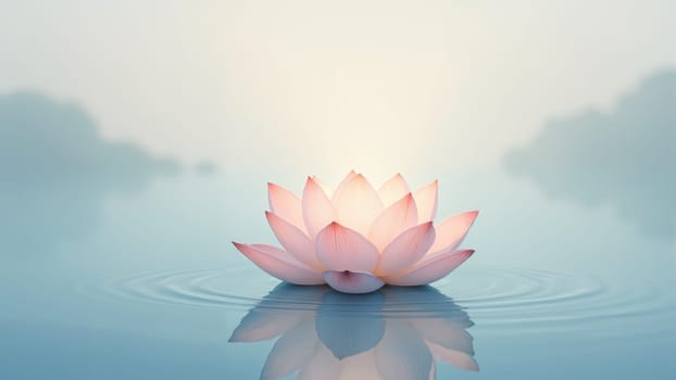 A delicate pink lotus flower rests peacefully on the surface of a still lake, enveloped in soft morning fog that adds an ethereal quality to the tranquil scene.