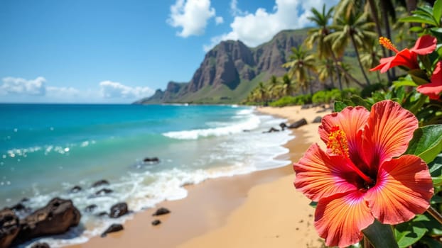 A stunning hibiscus flower bursts with color at the shoreline, where gentle waves kiss the sandy beach, framed by towering mountains and a bright blue sky on a perfect Hawaiian day.