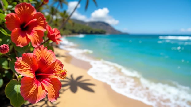 A stunning hibiscus flower bursts with color at the shoreline, where gentle waves kiss the sandy beach, framed by towering mountains and a bright blue sky on a perfect Hawaiian day.