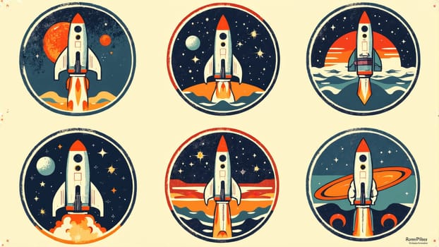 Colorful illustrations show rockets launching and astronauts exploring alien worlds under a starry sky, capturing the wonder of space exploration in a nostalgic style.