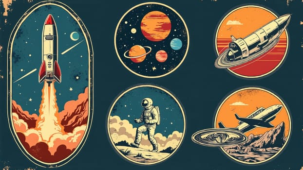 Colorful illustrations show rockets launching and astronauts exploring alien worlds under a starry sky, capturing the wonder of space exploration in a nostalgic style.