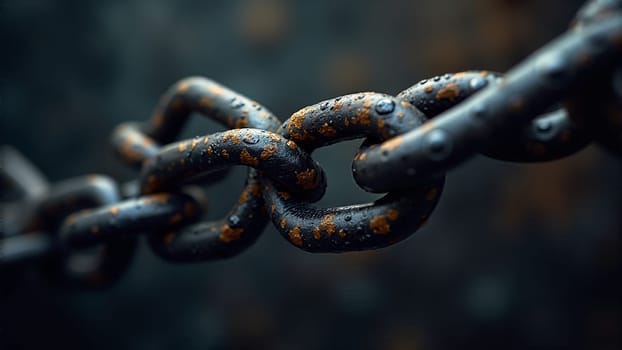 Close-up view of worn iron chain links displayed against a dark backdrop, highlighting their textured surface and rich history. The intricate details reveal the beauty of corrosion and time.