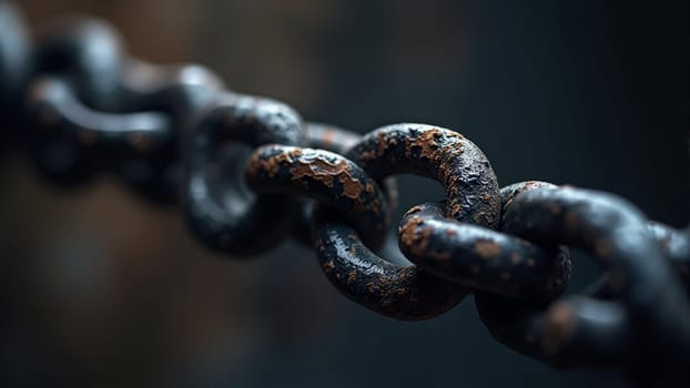 Close-up view of worn iron chain links displayed against a dark backdrop, highlighting their textured surface and rich history. The intricate details reveal the beauty of corrosion and time.