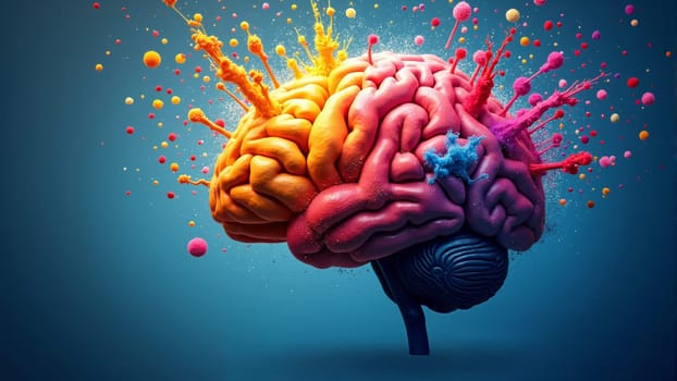 Surrounded by an explosion of vivid colors, this brain symbolizes creativity and innovation, illustrating the dynamic interplay of thoughts and ideas in a captivating, surreal manner.