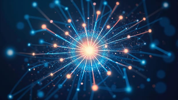 A vibrant explosion of light emanates from a central point, creating a web of glowing lines and particles that showcase dynamic energy in a cosmic interplay of colors.