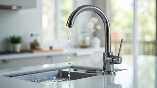 Water flows gracefully from a sleek faucet into a polished sink, surrounded by vibrant plants that bring life and freshness to the modern kitchen space, creating a welcoming atmosphere.
