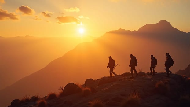 A group of friends stands hand in hand, silhouetted against a stunning sunset, as the sun sets over rolling mountains, creating a warm glow and a perfect moment of connection and adventure.