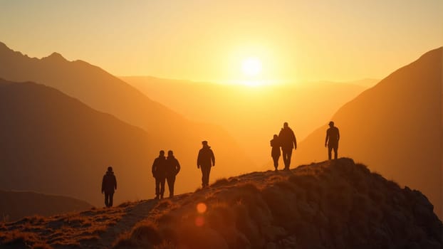 A group of friends stands hand in hand, silhouetted against a stunning sunset, as the sun sets over rolling mountains, creating a warm glow and a perfect moment of connection and adventure.