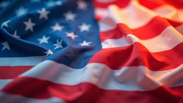 The American flag displays its bold colors of red, white, and blue, with stars and stripes harmoniously blending. A gentle breeze animates this patriotic symbol, evoking unity and pride.